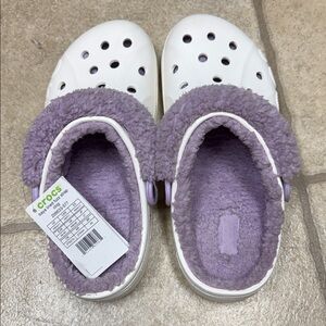CROCS Women's White Mules with Purple Fleece Lining